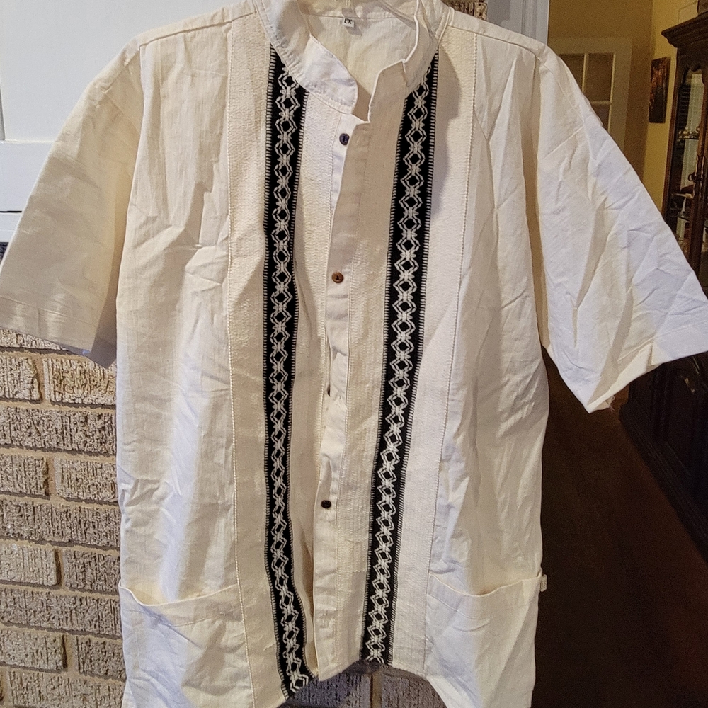 Men's Ivory and Black Embroidered Casual Shirt
